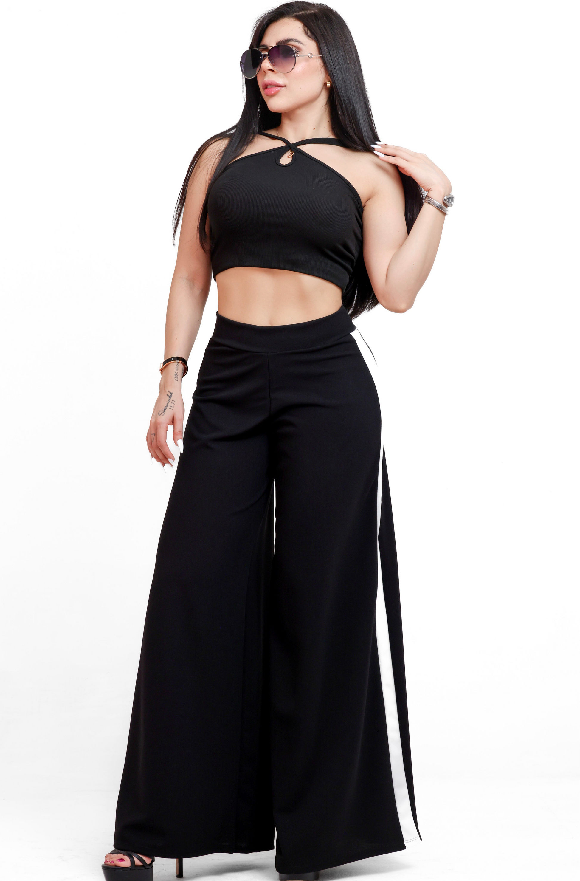 Pantalón acampanado franja blanca